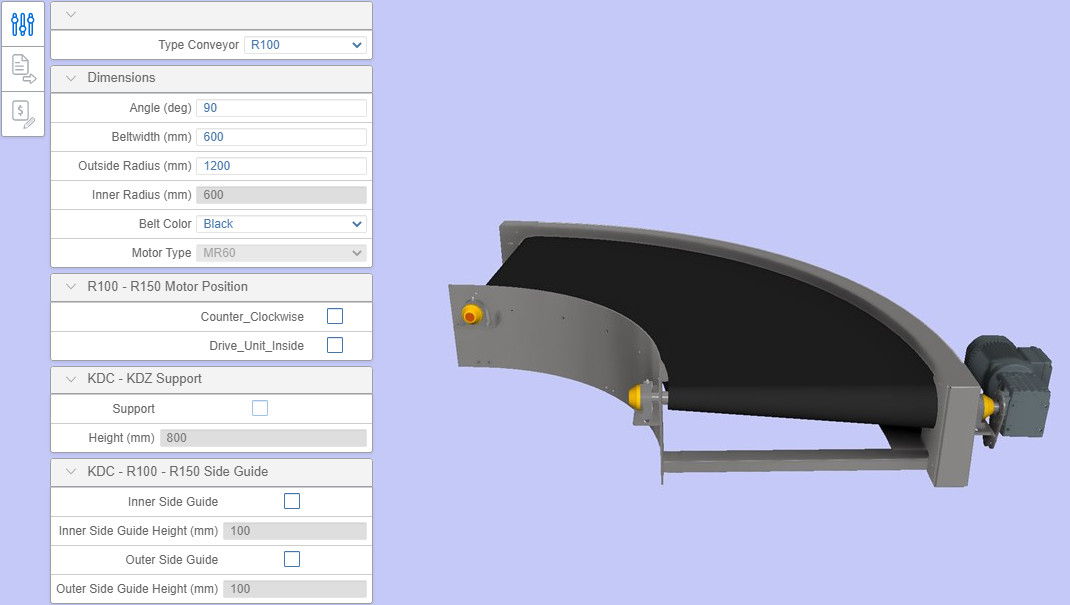 3D configurator van bochttransporteur Type VEHO Curve