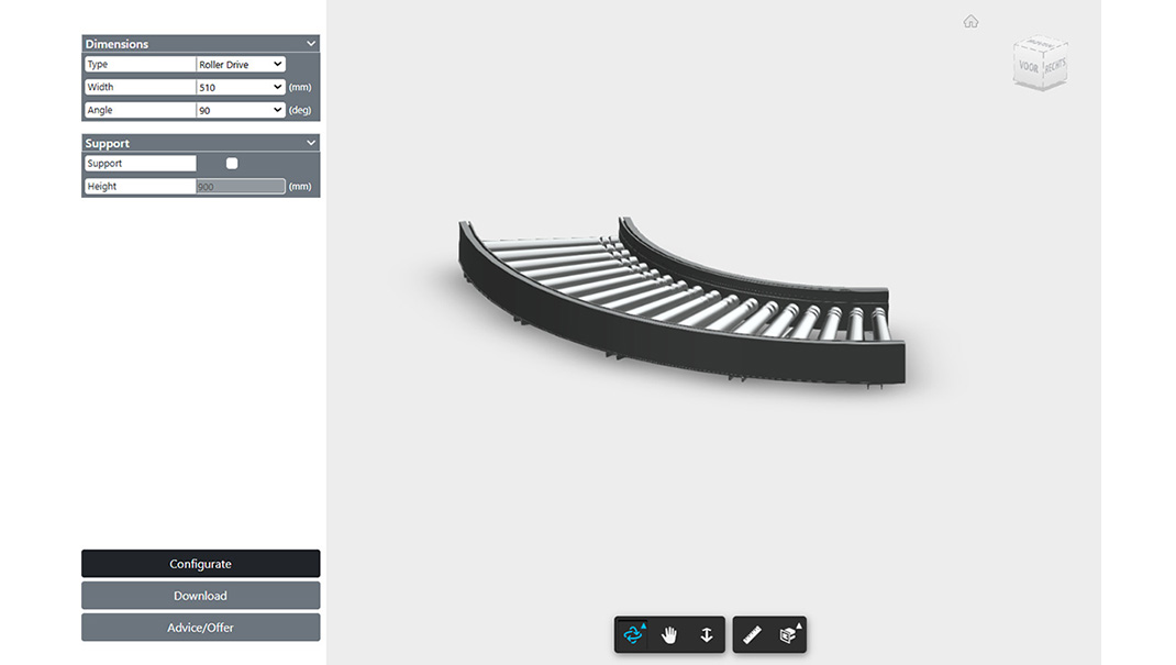 3D configurator voor rollenbaanbocht type RD50