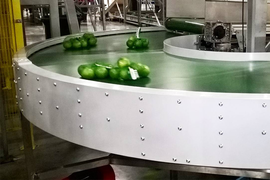 Round conveyor at a packer in the fresh produce industry